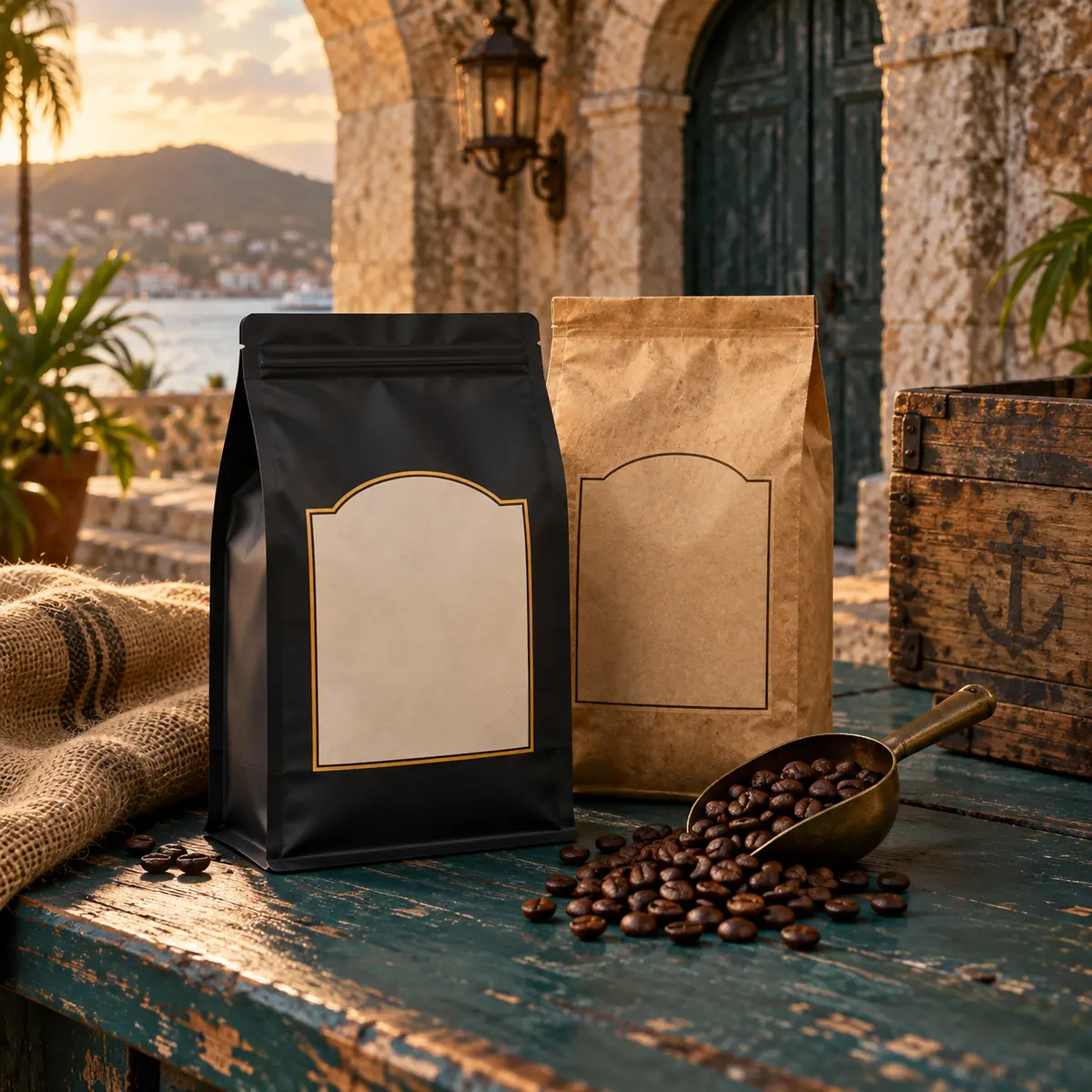 Two concept coffee bags with roasted beans in a historic St. Thomas courtyard