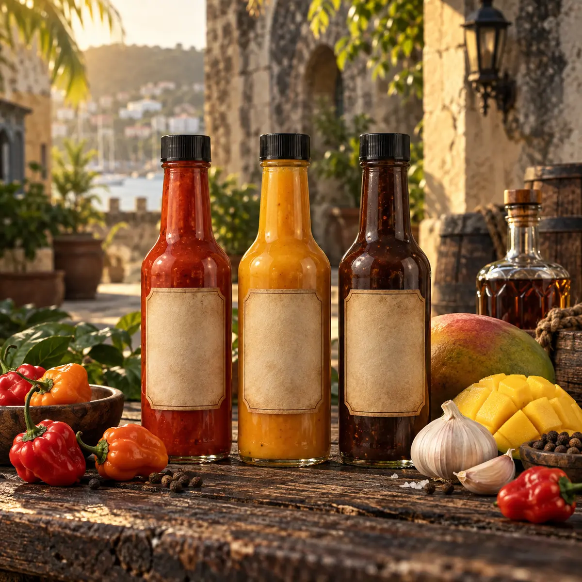 Three concept Caribbean hot sauce bottles with peppers, mango, garlic, and rum