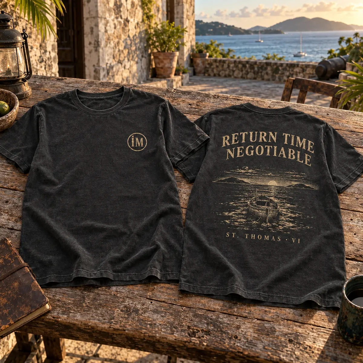 Front and back of the charcoal Return Time Negotiable Island Mike T-shirt