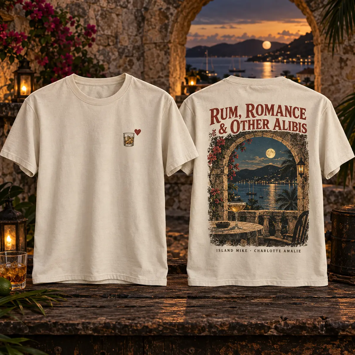 Front and back of the bone Rum Romance and Other Alibis Island Mike T-shirt