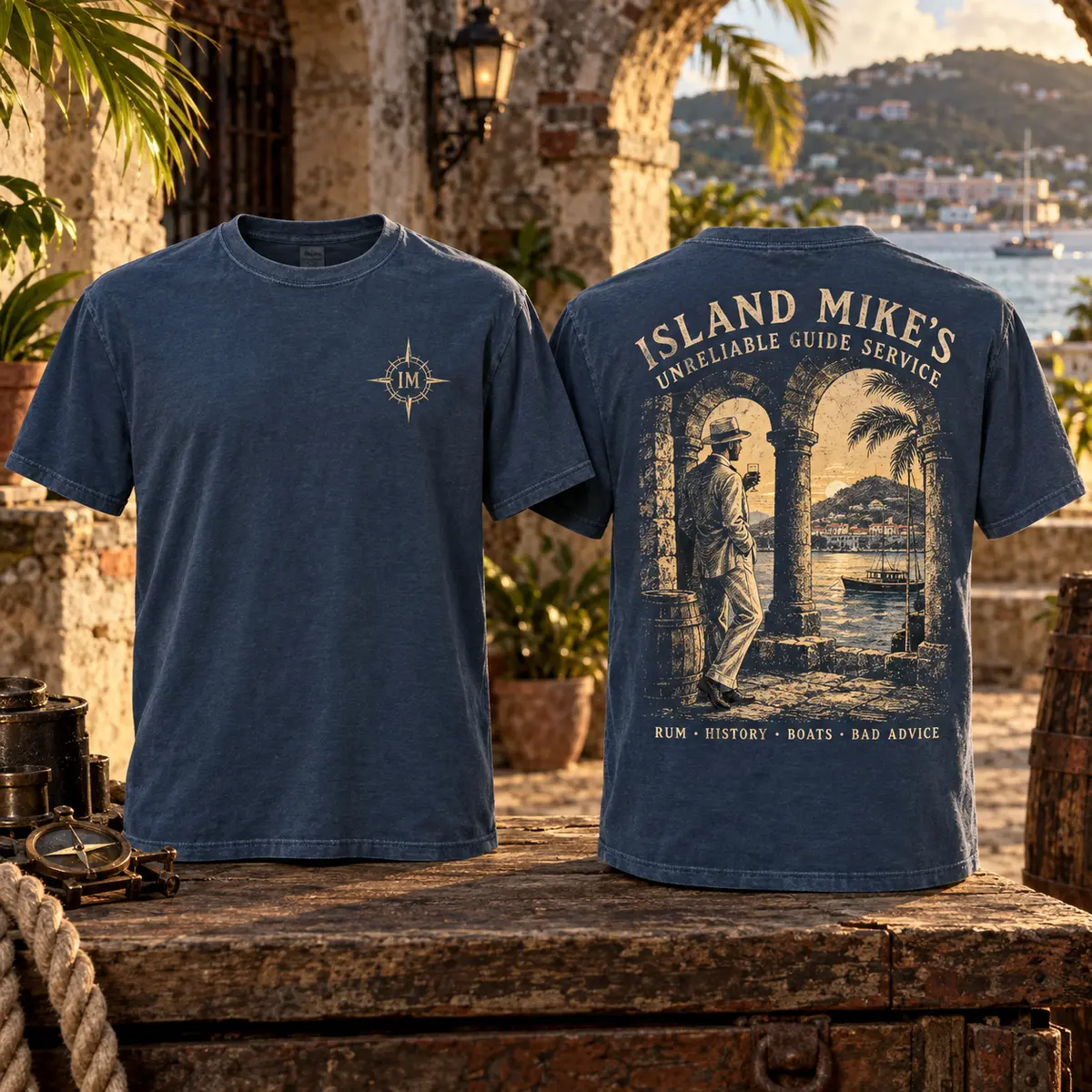 Front and back of the sea-blue Island Mike Unreliable Guide Service T-shirt